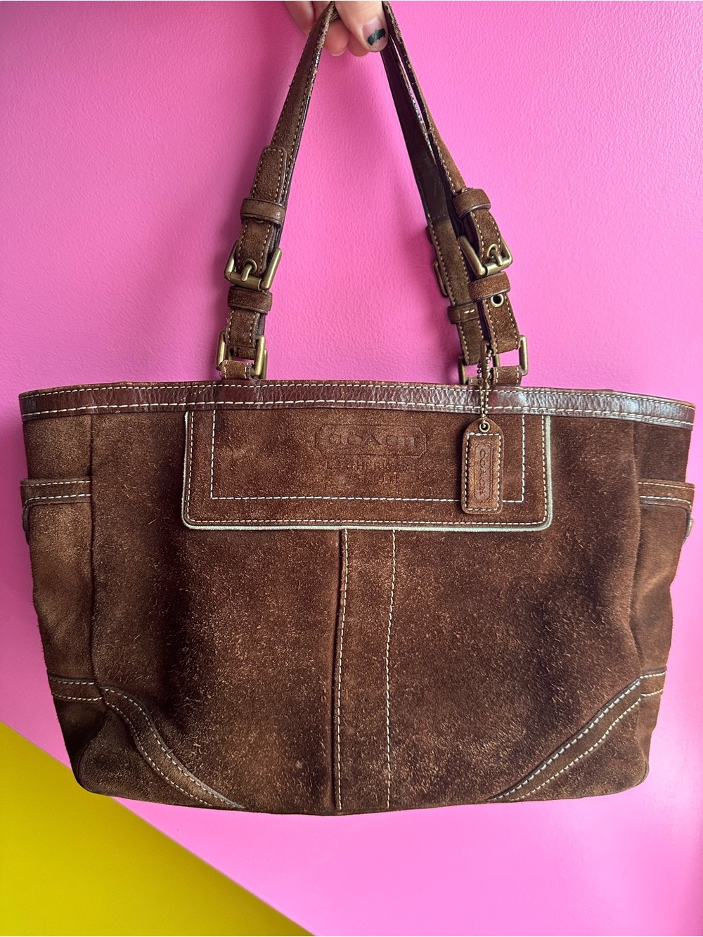 Coach Hamptons Gallery Tote in Chocolate Brown Suede with Baby Blue Lining/Stich